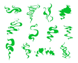 Fotobehang Green bad smell clouds, stink smoke odor or toxic gas and fart, vector cartoon effects. Green stench steams of bad breath or toxic scent vapor, stinky aroma smell clouds and smelly odour fume clouds © Vector Tradition