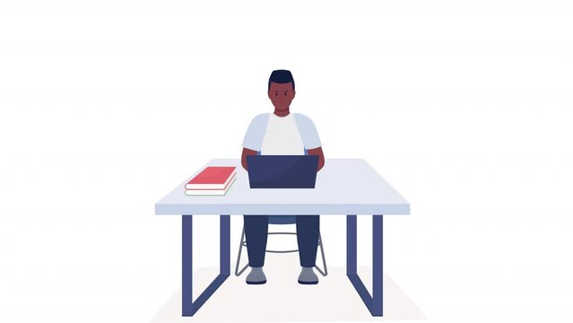 Animated boy working on laptop. Using computer in class. Full body flat person on white background with alpha channel transparency. Colorful cartoon style HD video footage of character for animation