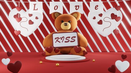 3D rendering of backdrop for displaying products for Valentine's Day red scene podium