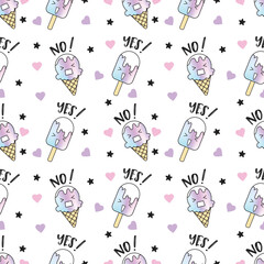Cute seamless pattern rainbow ice cream. A cute and colorful ice cream pattern that says "Yes No", suitable for printing on fabric. and other print media.