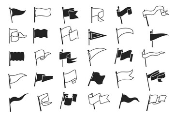 Retro pennant white and black flags, banner pendants on flagpoles, vector icons. Sport camp or university and varsity club pennants, blank waving flag on poles, linear outline signs - obrazy, fototapety, plakaty