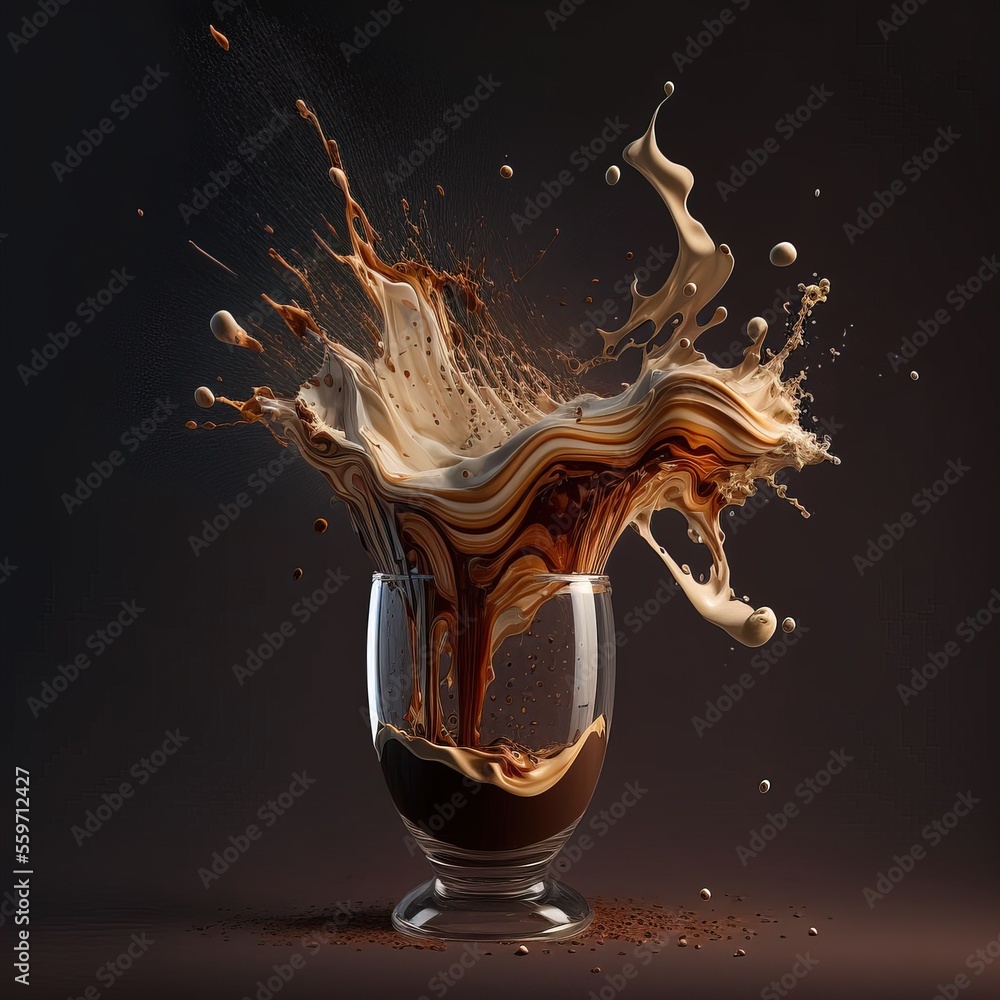 Poster a glass of liquid with a splash of chocolate in it and a spoon in it., generative ai