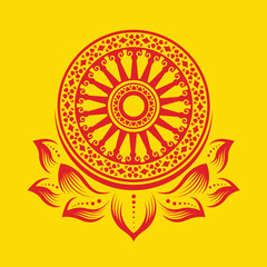 Red dharmachakra wheel of dhamma on lotus petals sign on yellow background vector design