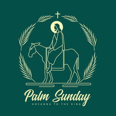 Palm sunday - yellow modern line jesus riding donkey entering jerusalem with palm leaves circle around and cross crucifix sign on dark green background vector design - 559712656