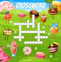 Crossword quiz game grid, cartoon sweets, desserts and cake characters on green meadow, vector worksheet. Donut, cupcake and cheesecake with macaroon or pudding and cake to guess word on crossword