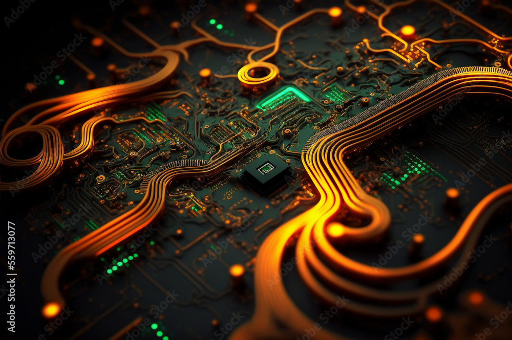 Poster electronic circuit board with electronic components such as chips close up. created with generative 