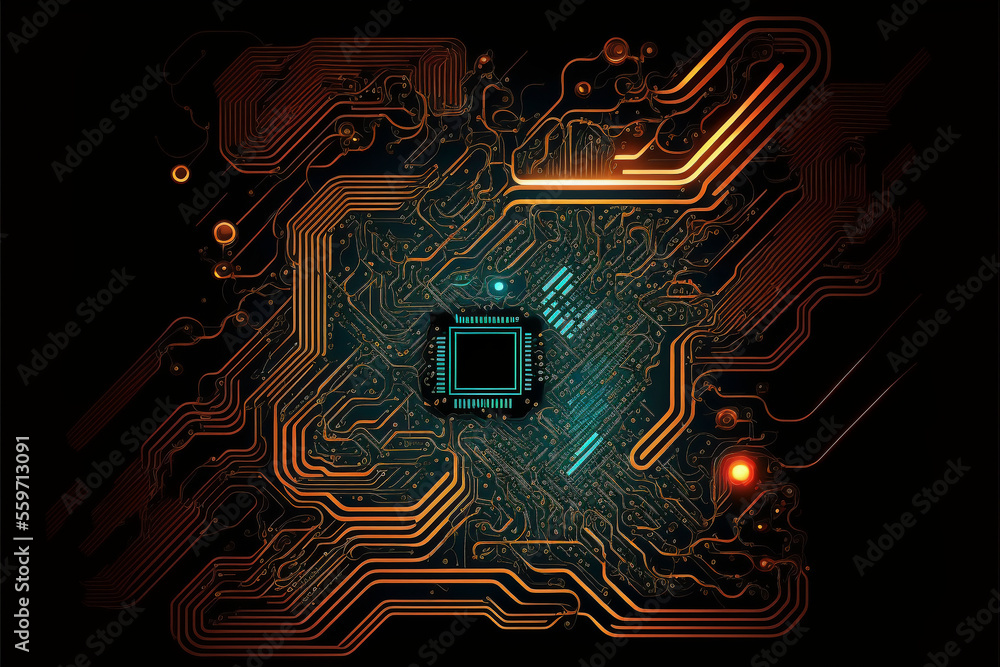 Poster electronic circuit board close up. created with generative ai technology.