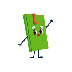 Cartoon green book character in hard cover with bookmark. Cute vector textbook, notebook or bestseller kids educational personage. Isolated school dictionary, fairytale, library volume waving hands