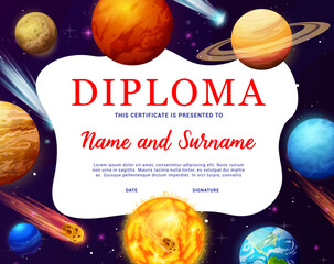 Kids diploma of space explorer, cartoon galaxy planets, asteroids, comets and stars. Vector template for astronomy classes graduation. Educational school certificate with cartoon cosmos, award frame © Vector Tradition