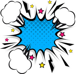 Retro comic design speech bubbles. Flash explosion with clouds, lightning, stars. 