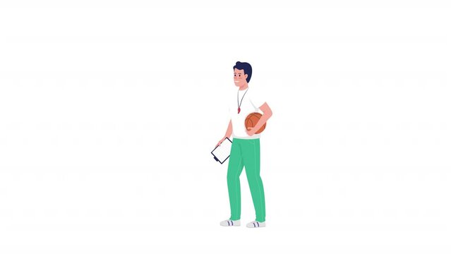 Animated school athletic trainer. PE class teacher. Full body flat person on white background with alpha channel transparency. Colorful cartoon style HD video footage of character for animation