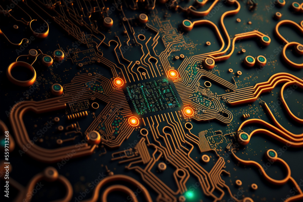 Poster electronic circuit board with electronic components such as chips close up. created with generative 