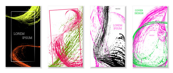 Drawn strokes, waves. Abstract cover. Set of 4 covers, vector.