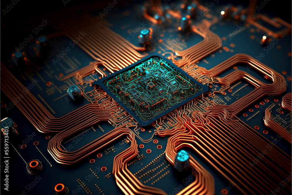 Poster electronic circuit board with electronic components such as chips close up. created with generative 