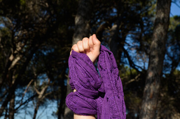 Woman's fist raised against gender inequality.
Lilac scarf. Feminism concept. March 8,...