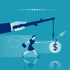 Incentive concept. Business metaphor. Personnel management leadership. Motivate people. Big hand holds gold coin on stick, and a woman running for bait. Vector illustration flat design. Attract earn.