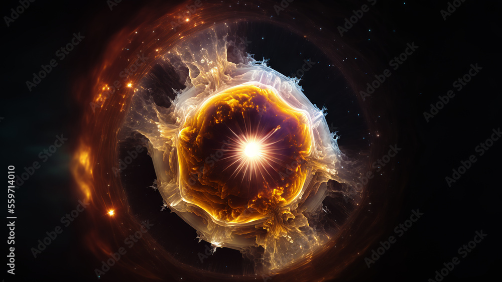 Poster view of the birth of a star in space during a nebula explosion. nuclear fusion of cosmic clouds of g