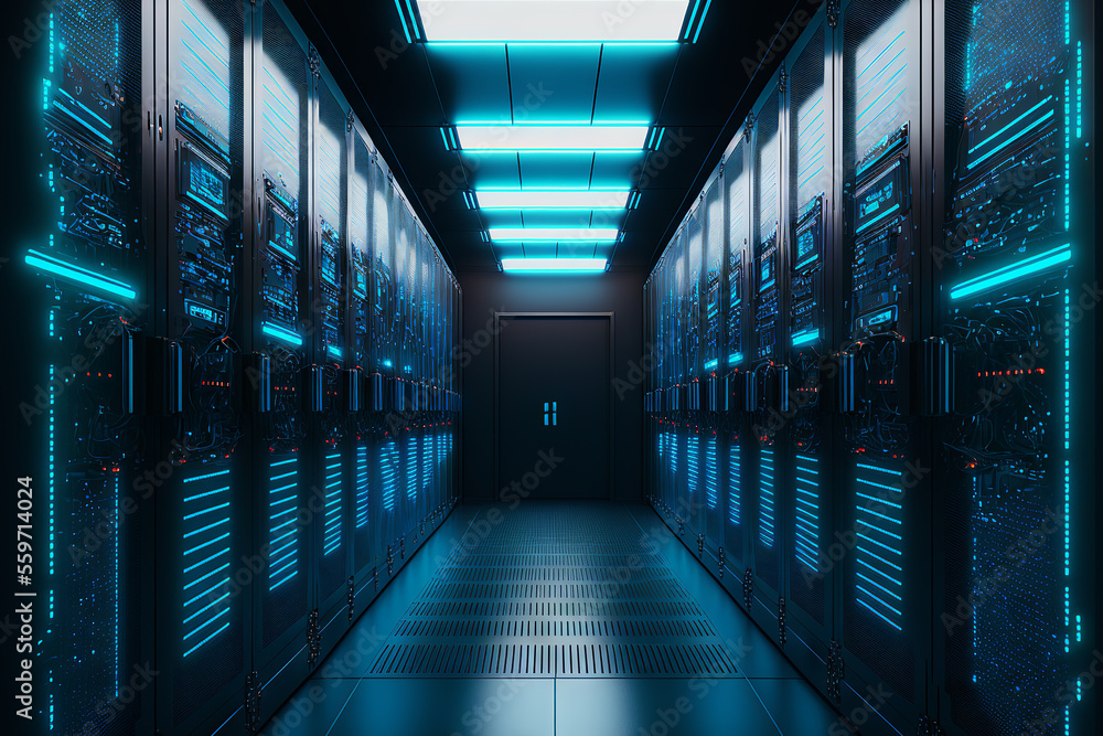 Wall mural dark servers data center room with computers and storage systems and blue glowing elements. generati