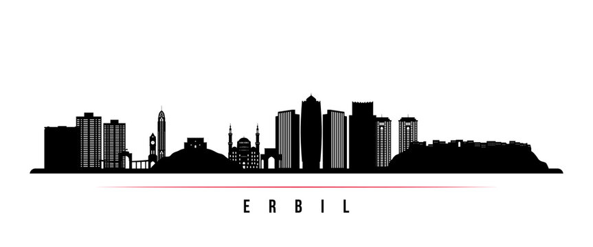Erbil skyline horizontal banner. Black and white silhouette of Erbil, Iraq. Vector template for your design.