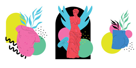 Antique marble statue. Greek or roman sculptures, gods and goddesses. Hand drawn body parts and faces with texture, Classic statues abstract contemporary poster or print vector cartoon flat set