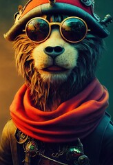 Obraz premium Portrait of a funny Pirate Lion. Generative AI