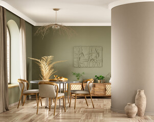 Interior design of modern dining room, marble table and wooden chairs. Wooden sideboard over green wall. Home interior with arch window. 3d rendering