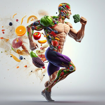 Human made of and surrounded by healthy food, fruits and vegetables, healthy lifestyle on a clean background, an illustration created with Generative AI artificial intelligence technology