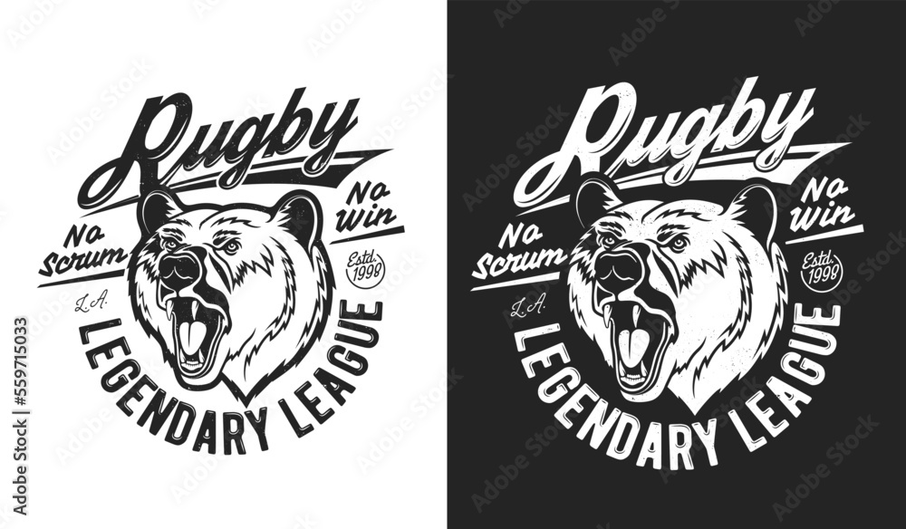 Wall mural Grizzly bear mascot rugby sport t-shirt print for sports team uniform apparel. Isolated labels with wild predator animal roar face and typography, monochrome emblem for tshirt or club