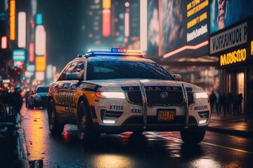 Obraz premium Police car with their lights on in a modern street. Generated by AI.