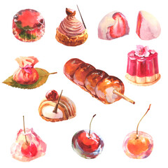 Watercolor set of japan dessert, isolated on the white background