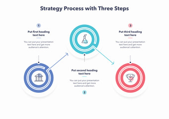 Strategy process template with three colorful steps. Simple flat template for data visualization.