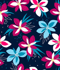 seamless pattern Exotic hawaiian tropical flowers and palm on blue background artwork for fabrics, souvenirs, packaging