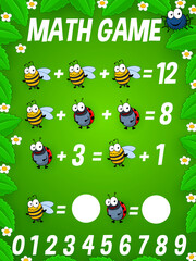 Math game worksheet. Cartoon funny insects. Cheerful bumblebee or bee, ladybug and spider cute characters on kids mathematical quiz, addition playing activity vector page or children puzzle game