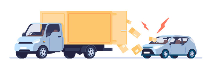 Boxes fell out of truck into car behind. Traffic accident. Lorry cardboard parcels loss. Cargo automobile shipping. Delivery logistic failure. Broken vehicle windshield. Vector concept