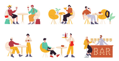 Cafe visitors. People in restaurant drink and eat. Friendly meetings or romantic dates. Man orders food. Woman with wine and pizza. Waiters and bartender. Beer pub. Vector cafeterias set