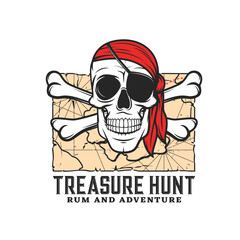 Treasure hunting icon with skull. Pirate adventure, buccaneer and corsair nautical travel retro emblem, retro icon with Jolly Roger crossed bones and human skull in bandana, eye patch and treasure map