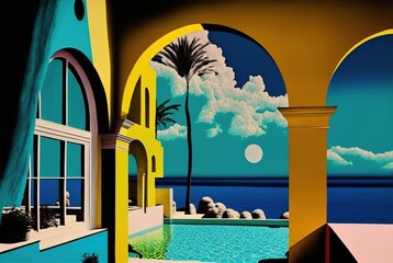 Ocean blue Mediterranean villa opulence overlooking the summer day beach with magnificent architecture collage of pillars and arches - generative AI illustration.	