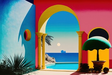 Ocean blue Mediterranean villa opulence overlooking the summer day beach with magnificent architecture collage of pillars and arches - generative AI illustration.	