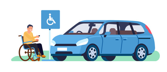 Disabled man in parking of car. Auto place for handicapped owners. Male in wheelchair driving automobile. Urban traffic. City accessibility. Driver with disabilities. Vector concept