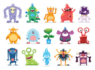 Cartoon monster characters, funny alien creatures and kids personages, vector bizarre animals. Cute cheerful monsters, devils and goblins, Yeti troll, alien flower plant, dragon or gremlin and cyclops