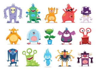 Glasschilderij Monster Cartoon monster characters, funny alien creatures and kids personages, vector bizarre animals. Cute cheerful monsters, devils and goblins, Yeti troll, alien flower plant, dragon or gremlin and cyclops