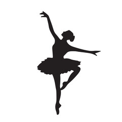 Female young adult ballerina ballet dancer pose with black color isolated on plain white background. Simple flat drawing decoration for sport or performing arts themed artwork.