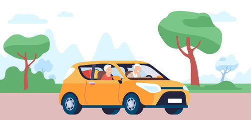 Elderly people traveling by car. Senior family road trip. Grandparent driving automobile. Adventure journey. Auto tourism. Mountain landscape. Summer outdoor vacation. Vector concept