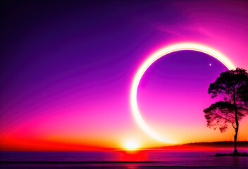 purple afternoon sky with magic circle . Generative AI