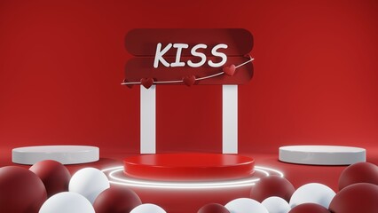 3D rendering of backdrop for displaying products for Valentine's Day red scene podium