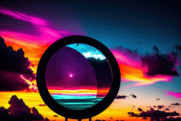 Fantasy round frame on purple cloudy sky . Generative AI