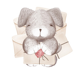 Cute Valentines Day plush fluffy baby dog or puppy in full growth surrounded by love letters. Cartoon child character. Digital illustration in the watercolor style. Greeting card.