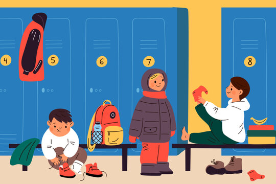 Kids changing clothes. Children in locker room. Elementary school students preparing for physical education. Boys putting socks and boots. People dressing warm coats. Garish vector concept