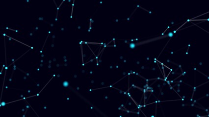 Motion design turquoise particle coupling. Motion graphics blue dust connected by 4k turquoise plexus links. Blue spider web on a black background blur
