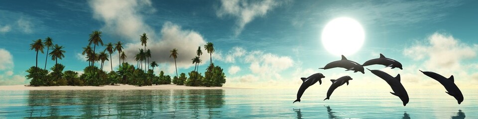 Dolphins against the background of the sun over the water, Palm tree over water on a tropical beach during a sea sunset, 3d rendering